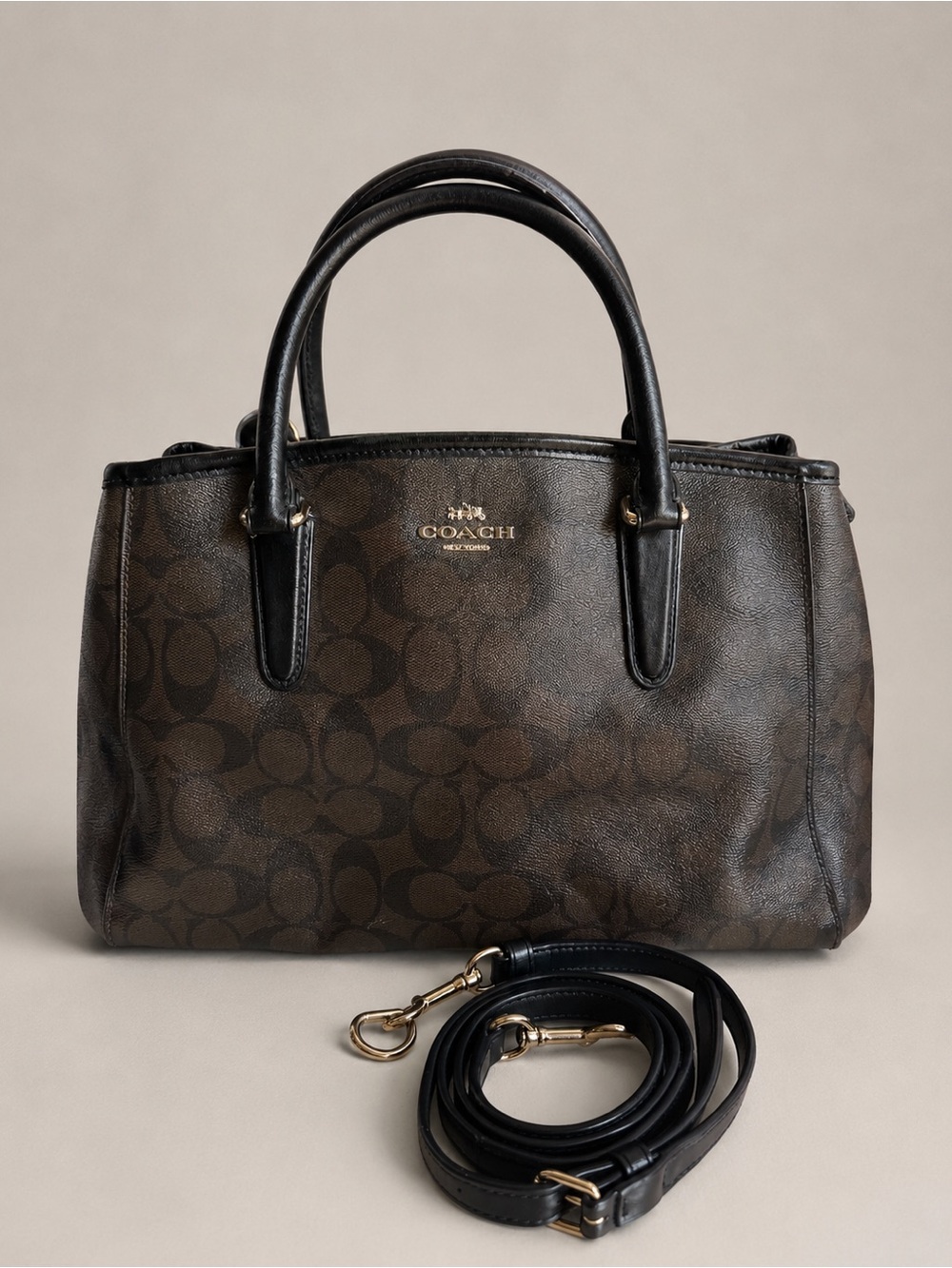 Coach Signature Brown Black Satchel Crossbody Bag Leather Trim Detachable Strap